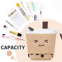 Pencil Bags Vertical milk tea pencil case cute retractable pen holder student stationery bag pencil case school office supplies pencil case