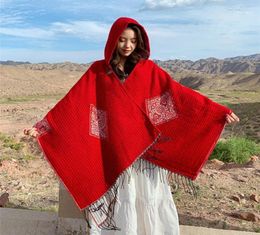 Scarves Travel Po Cloak Big Shawl Female Autumn Winter Wear Sunscreen Hooded Scarf Red Ethnic Knit Coat Luxury Designer Women Shaw8912636