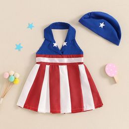 Girl Dresses 1-5Y Little Dress For 4th Of July Star Striped Sleeveless Halter A-line With Hat Toddler Clothes 2024 Summer