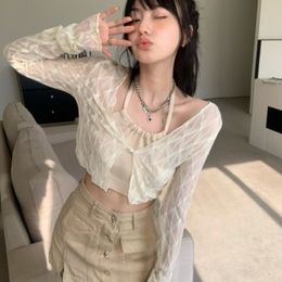 2024 Summer New Arrived Cardigans Women Korean Style Office Lady V-neck Solid Color Long Sleeve Slim Thin Tops Fashion Casual Versatile Short Chiffon Blouse Female