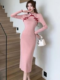 Casual Dresses Autumn Winter Pink Knitted Long Sleeve Chic Qipao Dress Korean Elegant Bodycon Prom Women's 2024 Fashion Vestidos
