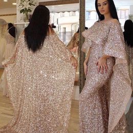 Elegant Arabic Rose Gold Mermaid Evening Dresses With Long Cape Wrap 2021 Glitter Sequined Women Formal Prom Party Gowns Sheer Jewel Ne 269Y