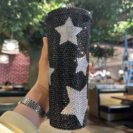 Stars Rhinestone Tumbler 16oz Stainless Steel with Lid Straws Double Walled Insulated Cup and Cold Drink Bling Coffee Mug 240507