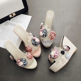 Women High Heels 2024 Platform Sandals Summer Handmade Beaded Fashion Transparent Wedge Slippers