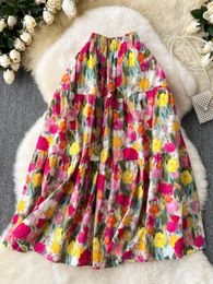 Skirts Frenchic Vintage Long For Women Floral Print A-line High Waist Female Skirt Faldas Ajustadas Spring Causal Dropship