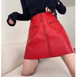 Skirts Genuine Leather Sexy Mini Skirt Women 2024 Spring Red Love Pocket South Korean Fashion High Waist Buttons Retro A-line