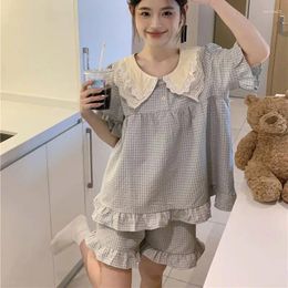 Home Clothing Limiguyue High Quality Summer Cotton Nightgown Women Sweet Lace Doll Collar Plaid Pyjama Sleepdress Shorts Homewear S507