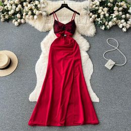 Casual Dresses Foamlina Summer Women Sexy Spaghetti Strap Sequined Floral Lace Spliced Cut Out Sleeveless Slim Split Evening Party Maxi
