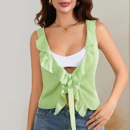 Women's Tanks Women Solid Color Tank Tops Fashion Ruffles V-Neck Tie-Up Sleeveless Casual Vests Summer Slim Fit Streetwear