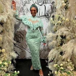 Party Dresses Green Lace Mermaid Evening With High Neck Long Sleeves Prom Gowns Back Slit African Women Wedding Reception Dress