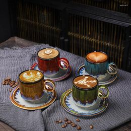 Mugs 150ml Ceramic Fambe Coffee Shop Steam Pitcher Office Home Personal Cup Handle Master Water Mug Saucer Set Glaze Transformation