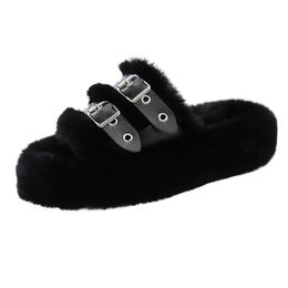 Slippers Women Double Belt Buckle Fur 2023 Winter Shoes Fashion Plush Warm Flip Flops Platform Mules Cotton Pumps Femme Boots H240514