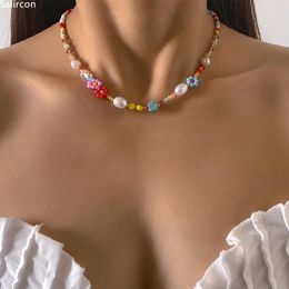 Chains Baroque Simulated Pearls Cute Flowers Colorful Hand-woven Beaded Short Clavicle Chain Choker Necklace For Women Girls Jewelry