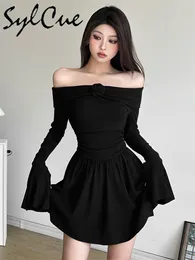Casual Dresses Sylcue Elegant Mature Beautiful Confident Black Mysterious Sexy Gentle Women'S Short Shoulder A-Line Pleated Dress