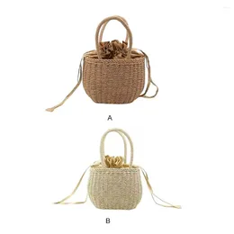 Storage Bags Straw Handbag Portable Fashionable Lifting Handle Cute Women Polyester Lining Girls Ladies Shopping Drawstring Bag