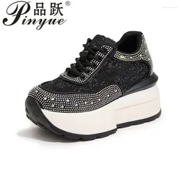 Casual Shoes 8cm Fashion Sneakers Flat High Quality Luxury Rhinestone Decorated Leather Upper Heightening Platform Womens