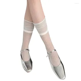 Women Socks French Vintage Dots Sheer Thin Over The Calf For Girl Loose Mesh Cuffs Splicing Glass Fibre Long