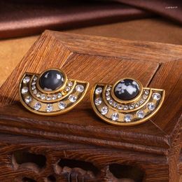 Stud Earrings S925 Silver Needle French Light Luxury Half Round Black Spot Stone Retro Simple Fashion