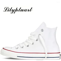 Fitness Shoes Summer Women's 2024 Couple Models White Canvas Large Size High Top Lace-up Flat Sneakers