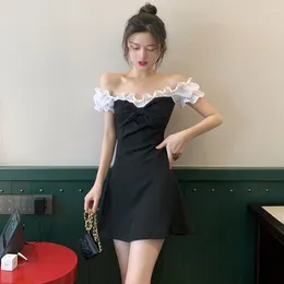 Casual Dresses French Sweet 2024 Summer Bowknot Stitching Black Dress Women Short Sleeve Off-shoulder Sexy Mini Korean Style Clothes