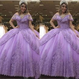 2023 Fantastic Light Purple Quinceanera Prom Dresses Ball Gown Boho Short Sleeves V-neck Lace Beads Sequins Backless Sweet 16 Dress Plu 254G