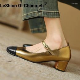 Dress Shoes LeShion Of Chanmeb Women Genuine Leather Mary Jane Pumps Two-Tone Block Heels Golden Woman Medium Dressy Party
