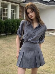 Work Dresses Women Fashion Solid Pleated 2 Piece Suit Korean Casual Single-Breasted Shirt A-Line Mini Skirt Set Female Summer Outfits