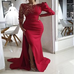 2021 Arabic Aso Ebi Red Luxurious Mermaid Evening Dresses Beaded Crystals Prom Dresses Long Sleeves Formal Party Second Reception Gowns 200h