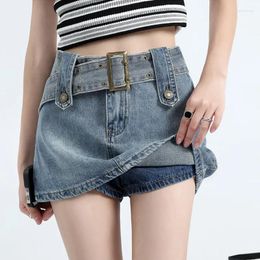 Skirts Women High Waist Belt Denim Skirt Mini Jeans Girl Bodycon Fashion Harajuku Mujer Faldas Casual Ball Gown Korean Slim