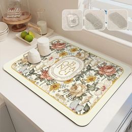 Carpets Super Absorbent Kitchen Mat Diatomite Dish Drying Mats Coffee Rugs Retro Flower Bath Drain Pad Carpet Tableware Placemat
