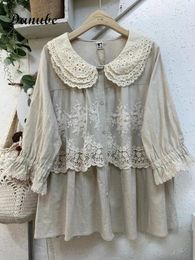Women's Blouses Vintage Lace Patchwork Cotton Linen Shirt Women Japanese Mori Girl Hollow Out Doll Collar Kawaii Blouse Casual Loose Tops