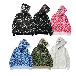 Shark Hoodies Camo Full Zip Mens Womens Deisigners Hoodie Fashion Hoody Stylist Cartoon Sharks Printing Jacket Man Casual Sweatshirts Size 2APT