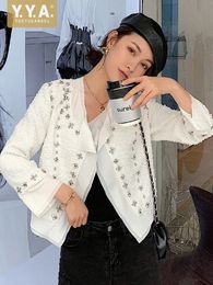 Fashion Women Shiny Diamonds Cardigan Jacket V Neck Spliced Office Lady Slim Fit Coat Spring Elegant Crystal White Tweed 240508