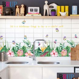 Wall Stickers 126X50Cm Flower Grass Baseboard Art Kitchen Sticker Butterfly Home Decor Nordic Style Room Decoration Waterproof Remov Dhacd