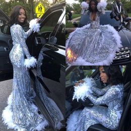 Sparkly Black Girl Prom Dresses 2021 Long Sleeve V-neck Silver Sequin White Feather African Gala Mermaid Party Dress 269U