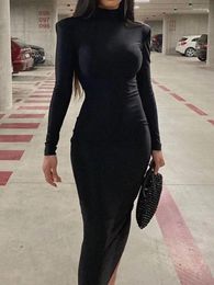 Casual Dresses Sexy Wrap Chest High Collar Long Sleeved Slim Bodycon Dress Women Skinny Tunic Elegant Club Party Vestidos