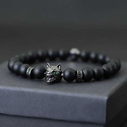 Charm Bracelets Noter Hiphop Men Bracelet Beaded 8mm Onyx Stone Braclet Wolf Lion Animal Braslet Punk Jewellery Pirate Skull Brazalete Zirconia Y240510