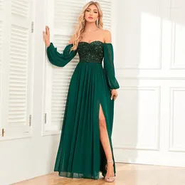 Casual Dresses Elegant Day Party Dress Woman Chiffon One Shoulder Patchwork Sequin High Slit Sexy Green Lace Wedding Bridesmaid Luxury