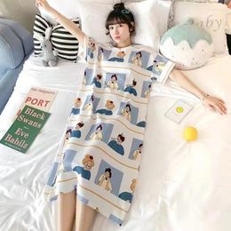 Women's Sleepwear Pyjama Dress Girl Short Sleeved Cartoon Student Home Summer Thin Size Large Long Knee Length