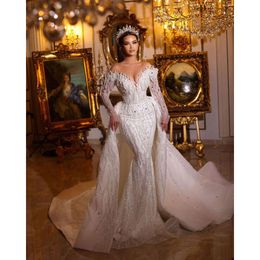 Gorgeous Mermaid Wedding Dress V-neck Off the Shoulder Shining Stripe Sequins Bead Court Custom Made Plus Size Vestidos De Novia