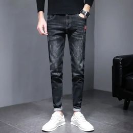 Trousers Slim Fit Cropped Man Cowboy Pants Skinny Mens Jeans Elastic Stretch Tight Pipe Denim High Quality Korean Fashion 240513
