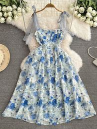 Casual Dresses Foamlina Women Floral Print Spaghetti Strap Dress Sexy Bow-tied Square Neck Sleeveless High Waist A Line Boho Beach Long