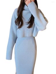 Work Dresses Women's Knit Sweater Dress Sets Outfits Autumn Winter Warm Solid Color Long Sleeve Turtleneck Matching