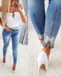 Women's Jeans Casual Clothes Women Skinny Denim Pants Summer Fashion Rhinestone Beaded Butterfly Pattern Split Hem For