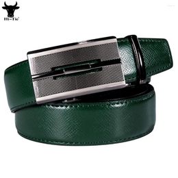 Belts Hi-Tie Luxury Green Genuine Leather Mens Vintage Silver Automatic Buckles Ratchet Trousers Waist Belt For Men Dress Jeans