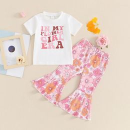 Clothing Sets Toddler Baby Girls Clothes Set Short Sleeve Round Neck Letter Print T-Shirt Elastic Waist Floral Flare Pants Summer Outfits