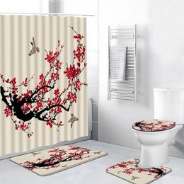 Shower Curtains 4pcs/Set Plum Curtain Pink Flowers Birds Tree Chinese Style Landscapes Printed Bathroom Decor Bath Mat Rug Toilet Cover