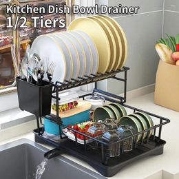 Kitchen Storage 1/2 Tier Dish Drying Rack Adjustable Plates Organiser With Drainboard Over Sink Countertop Cutlery Holder