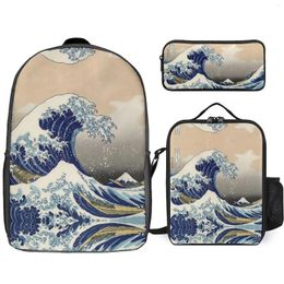 School Bags Japanese Great Waves 3 In 1 Set Backpack Lunch Bag Pen Casual Comfortable Laptop For Teenagers Children Book