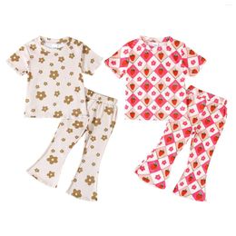 Clothing Sets FOCUSNORM 1-6Y Lovely Kids Girl Summer Clothes 2pcs Strawberry Floral Print Short Sleeves T-Shirt And Elastic Flare Pants
